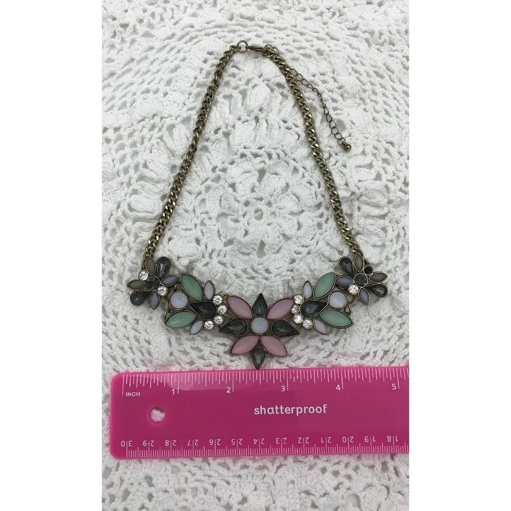 VTG Brass Floral Chunky Bib Statement Rhinestone Bold Boho Whimsical Curb Chain
